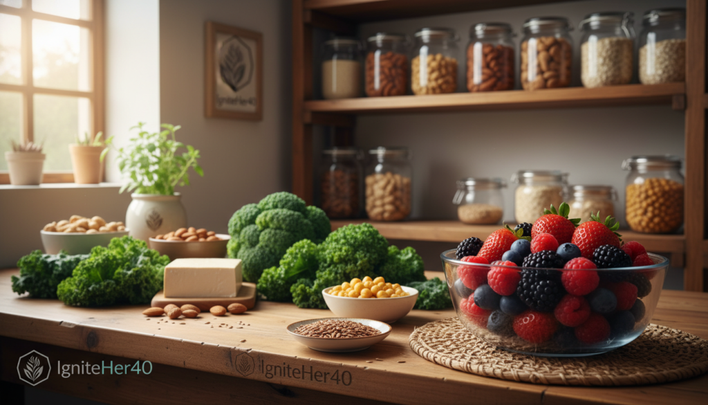 A beautiful, inviting kitchen setting filled with an array of plant-based estrogen sources, such as soy products, flaxseeds, chickpeas, almonds, and berries, displayed on a rustic wooden table. In the foreground, a close-up of a bowl of vibrant mixed berries and a small dish of flaxseeds interacts with soft, natural lighting that pours in through a nearby window, creating a warm atmosphere. The middle ground features fresh green vegetables like broccoli and kale, emphasizing healthiness and vitality. In the background, the shelves are lined with jars of nuts and grains, symbolizing a well-stocked, nourishing pantry. The mood is warm and relatable, appealing to women over 40 interested in natural health. Add subtle branding elements of "IgniteHer40" integrated within the decor, evoking a sense of empowerment and balance in a post-menopausal lifestyle.