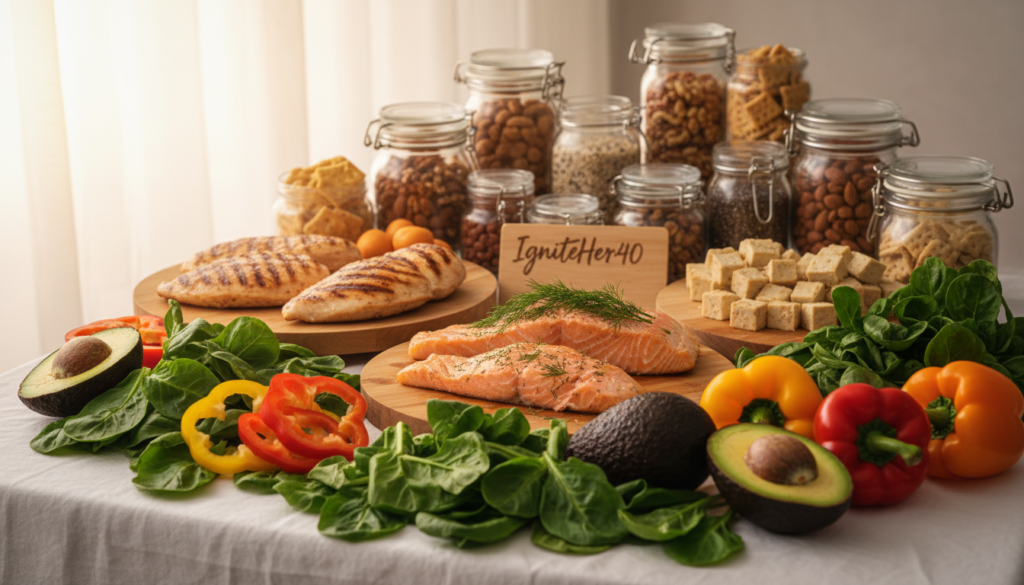 A beautifully arranged display of menopause-friendly low carb foods categorized by type, showcasing vibrant colors and natural textures. In the foreground, fresh leafy greens, avocados, and colorful bell peppers are elegantly presented. The middle layer features lean proteins like grilled chicken, salmon, and plant-based options like tofu, arranged artfully on wooden cutting boards. In the background, nuts, seeds, and low-carb snacks are thoughtfully placed in glass jars, enhancing the composition. The lighting is soft and warm, mimicking natural sunlight to create an inviting atmosphere. The overall mood is warm and relatable, reflecting a focus on healthful eating for women over 40. The scene is captivating and informative, with the brand name "IgniteHer40" subtly integrated into the arrangement, adding a sense of community and support.