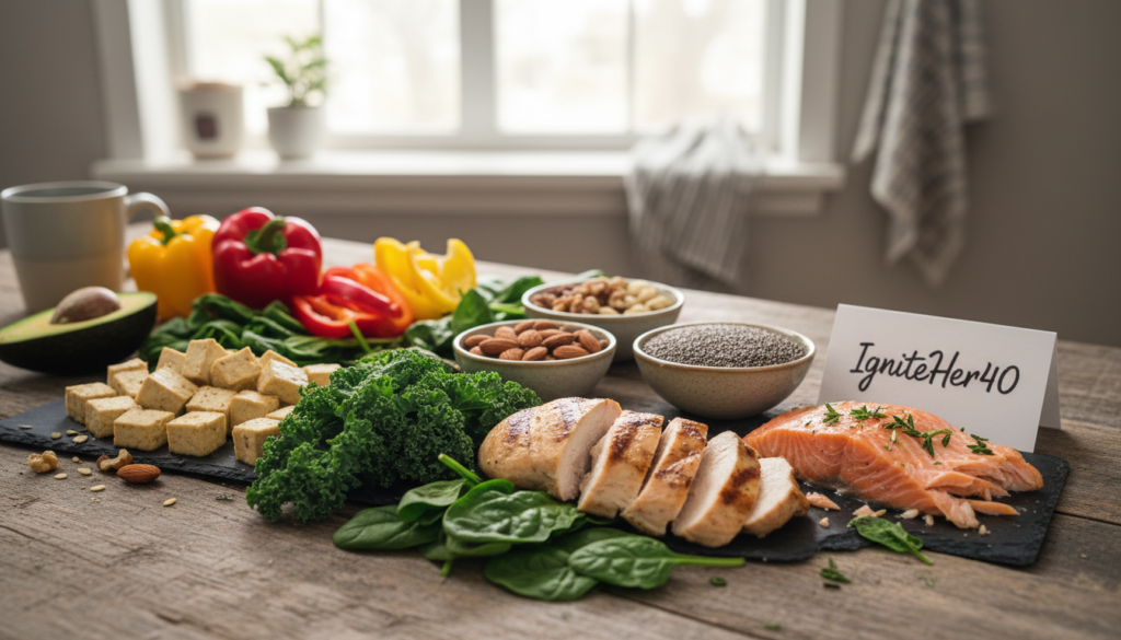A beautifully arranged selection of low carb protein foods tailored for women over 40, displayed on a rustic wooden table. In the foreground, feature lean cuts of grilled chicken breast, slices of salmon, and elegant portions of tofu, complemented by vibrant green leafy vegetables like spinach and kale. The middle ground should include small bowls of nuts and seeds, as well as colorful peppers and avocados, enhancing the healthy atmosphere. In the background, softly blurred out, add hints of a cozy kitchen with natural light flooding in, creating a warm and inviting mood. The overall setting should evoke a sense of well-being and vitality, encapsulating the essence of "IgniteHer40." Use soft, diffused lighting for a natural look, shot at a slight angle to capture depth and interest.