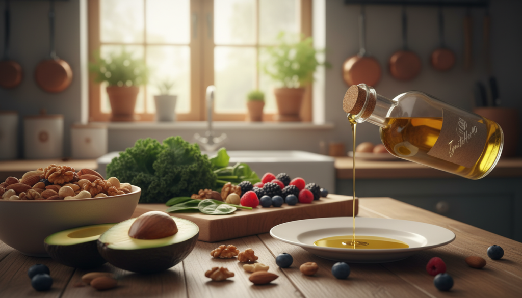 A beautifully arranged table filled with nutritious foods rich in healthy fats, ideal for women over 40. In the foreground, display vibrant avocados, a bowl of mixed nuts, and a drizzle of olive oil in a rustic bottle. The middle ground features leafy greens like kale and spinach, complemented by colorful berries on a wooden cutting board. The background showcases a warm kitchen setting with soft, natural lighting that creates an inviting atmosphere. Use a shallow depth of field to focus on the food, allowing the kitchen details to softly blur. This composition evokes a sense of warmth, health, and care, emphasizing the importance of nourishing fats in hormone balance post-menopause. The brand "IgniteHer40" subtly appears on a small label next to the food, enhancing the message of natural health and empowerment.