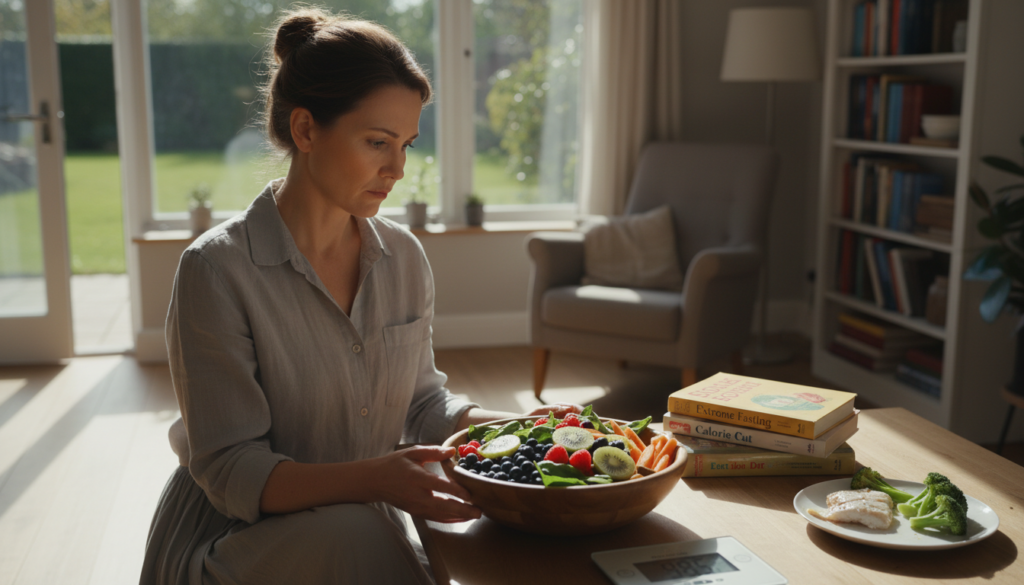 A concerned woman over 40, dressed in modest casual attire, stands in a bright, sunlit kitchen examining a scale. She looks thoughtful and a bit worried, reflecting the hidden dangers of extreme calorie restriction. In the foreground, a bowl of fresh, vibrant fruits and vegetables symbolizes healthy eating, contrasting the scale’s stark numbers. The middle ground shows a table with diet books and a half-eaten meal, hinting at a common struggle. The background features a warm, inviting home environment with natural light streaming in, creating a comforting yet serious atmosphere. The focus is sharp on the woman, with soft depth of field for a personal touch. The overall mood conveys a sense of caution about crash dieting, emphasizing the importance of balanced nutrition.