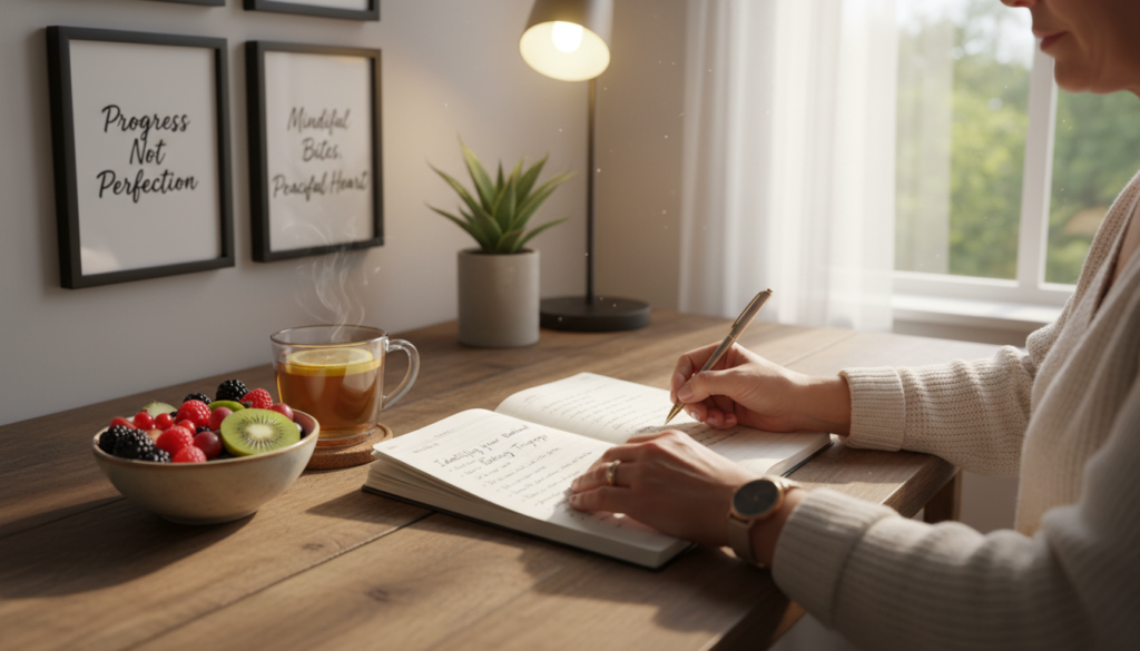 A cozy workspace featuring an open journal titled "Identifying Emotional Eating Triggers" on a wooden desk, surrounded by a soft, warm light. In the foreground, a pair of hands, belonging to a woman over 40 dressed in professional yet casual attire, are writing in the journal with a pen, expressing contemplation. On the desk, a small bowl of colorful fruits and a calming herbal tea cup create a sense of wellness. The middle ground showcases a few motivational quotes artfully displayed in frames, along with a modest plant for a touch of nature. The background features a softly blurred window with gentle sunlight streaming through, illuminating the scene and enhancing the inviting atmosphere. This image reflects the relatable journey of women over 40 as they navigate emotional eating, in the style of IgniteHer40.
