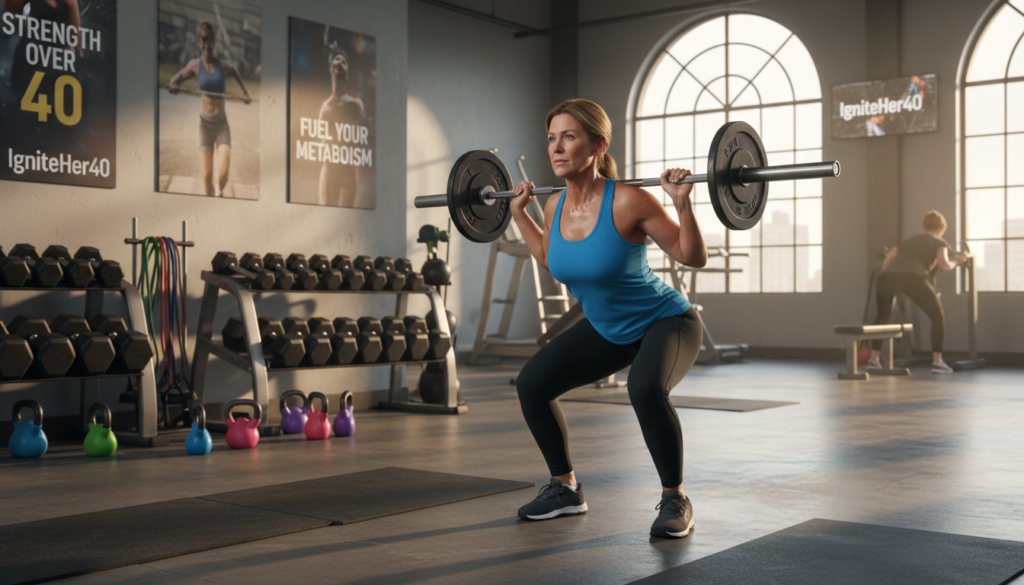 A determined woman in her 40s is engaged in strength training, demonstrating powerful squats in a modern gym environment. In the foreground, she is focused on lifting weights, wearing comfortable yet professional athletic wear, such as a fitted tank top and leggings. The middle ground shows various gym equipment like dumbbells and resistance bands, alongside motivational posters highlighting fitness and health. In the background, soft natural light streams through large windows, illuminating the space and creating a warm, inviting atmosphere. The overall mood is empowering and energetic, capturing the essence of building muscle as a method for boosting metabolism and supporting weight loss. The brand "IgniteHer40" is subtly incorporated into the gym ambiance, reflecting a community focused on women's fitness journeys after 40.