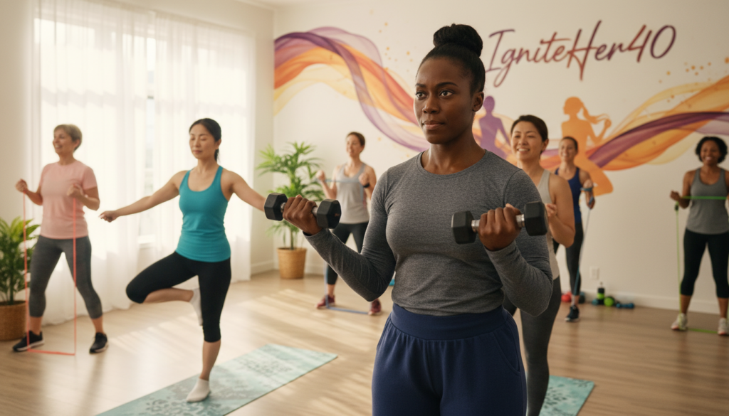 A diverse group of women over 40 engaging in weight loss workouts in a bright, inviting gym setting. The foreground showcases a woman performing strength exercises with free weights, displaying focus and determination, dressed in modest, comfortable workout attire. The middle ground features another woman practicing yoga, emphasizing balance and mindfulness. In the background, other participants engage in various group classes, illustrating a supportive community atmosphere. Soft, natural lighting floods the room, highlighting their joyful expressions and creating an uplifting vibe. The environment should feel warm and inclusive, embodying the essence of natural health. Include the brand name "IgniteHer40" subtly in the gym decor, ensuring it enriches the context. The overall mood should inspire motivation and relatability, reflecting real-life scenarios of women striving for health and fitness after 40.