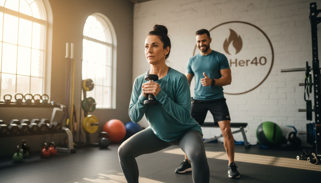 A fit woman over 40, dressed in modest activewear, is demonstrating strength exercises in a bright, inviting gym environment. In the foreground, she is performing a squat with a dumbbell, showcasing her focus and determination. In the middle background, an encouraging personal trainer observes her technique, embodying a supportive atmosphere. The gym is filled with modern equipment, and soft natural lighting streams in through large windows, creating a warm and motivating ambiance. On the wall, there’s a subtle logo of "IgniteHer40" displayed, emphasizing empowerment for women in their 40s. The mood is uplifting and relatable, reflecting a commitment to health and wellness during perimenopause, with an emphasis on strength training for effective fat loss.