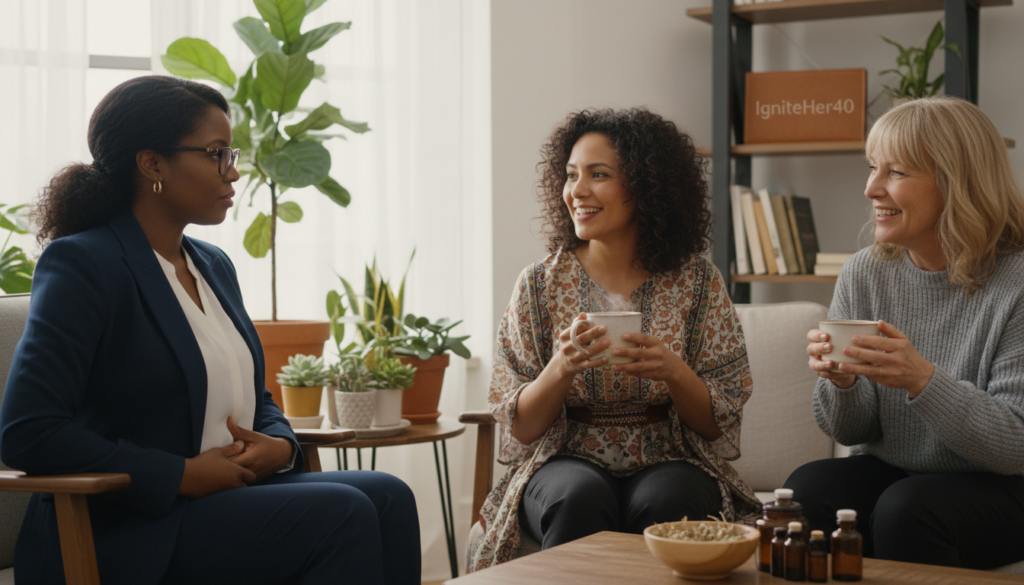 A portrait of a diverse group of women over 40, sitting in a cozy, sunlit room, engaging in a supportive conversation about health and wellness. In the foreground, one woman in professional business attire gently touches her abdomen, conveying a sense of awareness and empathy regarding hormonal bloating. In the middle, two other women of varying ethnicities, dressed in modest casual clothing, are exchanging tips and sharing herbal teas, suggesting a relatable, friendly atmosphere. The background features soft, natural lighting highlighting plants and wellness books, creating a warm, inviting mood. The scene is framed with soft focus to emphasize the women’s expressions of understanding and solidarity. This image represents the brand "IgniteHer40", focusing on natural health and wellness after 40.