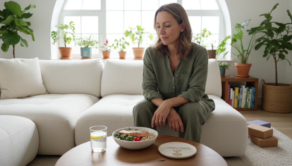 A serene and bright living room scene featuring a woman in her 40s, casually sitting on a soft, modern couch, dressed in modest, stylish loungewear. She is thoughtfully looking at a healthy meal on a coffee table, symbolizing the concept of metabolism and hormonal changes. In the background, a large window lets in warm, natural light, illuminating a vibrant array of potted plants and wellness books, enhancing the atmosphere of natural wellness. The camera angle is slightly from above, creating an intimate perspective that emphasizes her reflection and the transformation in lifestyle choices. The overall mood is calm and reflective, conveying the idea of embracing changes and nurturing one’s body with care and positivity.