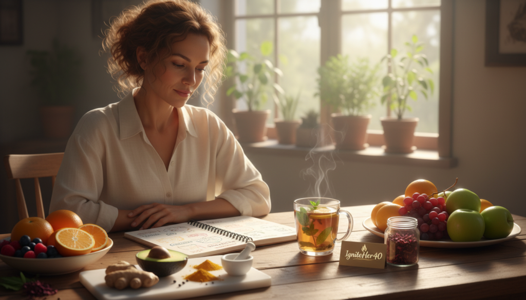 A serene and inviting scene depicting a woman in her 40s sitting comfortably at a cozy kitchen table, surrounded by fresh fruits and herbal tea, which symbolize natural health remedies. She has a thoughtful expression as she examines a notebook filled with wellness notes, embodying relatable experiences shared by women navigating hormonal changes. The foreground focuses on healthy foods like avocados and ginger, while the middle showcases her engaged in self-care, with soft morning sunlight illuminating the space. In the background, gentle greenery through the window adds a calming atmosphere. The image embodies warmth, support, and resilience, with an emphasis on a health-conscious lifestyle as branded by "IgniteHer40". The overall mood is uplifting and motivational, inspiring readers to embrace their journey towards well-being.