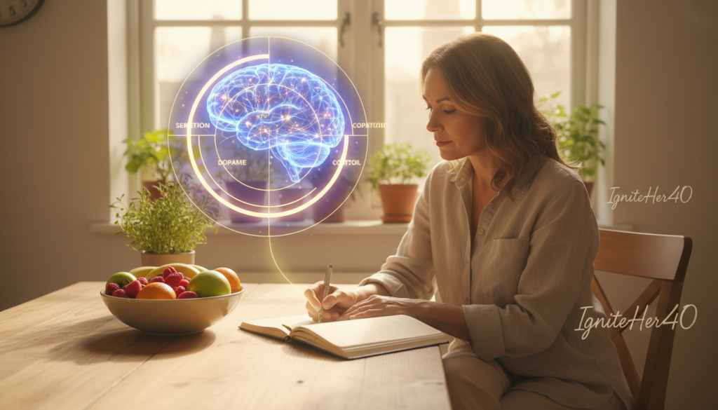 A serene and warm scene showing a woman in her 40s, casually dressed in modest attire, thoughtfully engaging in a mindful moment. In the foreground, she sits at a cozy kitchen table with a bowl of fresh fruits and a journal, symbolizing the journey toward understanding emotional eating through brain and hormone connections. The middle ground features a soft focus on a brain diagram, light emanating from it, illustrating neural connections and hormonal balance. The background includes a sunlit window with plants, creating a natural health ambiance. The atmosphere is calm and introspective, conveying empowerment and self-awareness. The brand name "IgniteHer40" subtly incorporated in the design. Natural lighting with a warm tone, shot through a soft lens for an inviting feel.