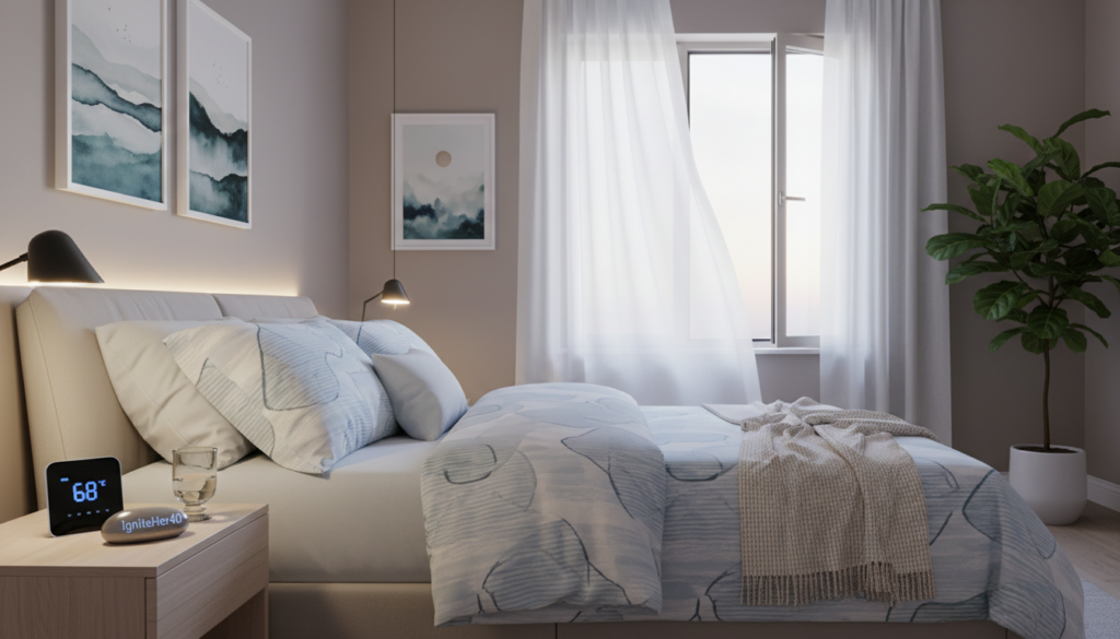 A serene bedroom environment designed to illustrate temperature control for managing night sweats during menopause. In the foreground, a cozy bed with soft, cool-toned bedding and a stylish comforter. Beside the bed, a modern bedside table features a sleek digital thermostat displaying a comfortable temperature setting. In the middle ground, a window is slightly open, with soft gauzy curtains fluttering gently, suggesting a cool breeze. Soft, ambient lighting casts a calming glow, highlighting the tranquil scene. In the background, neutral-colored walls encase the space, adorned with calming artwork depicting nature. A plant in the corner adds a touch of vitality. Overall, this image should evoke a cool and soothing atmosphere, promoting the concept of better sleep amidst menopause challenges. Include the brand name “IgniteHer40” subtly in the design, reflecting a natural health focus tailored for women over 40.