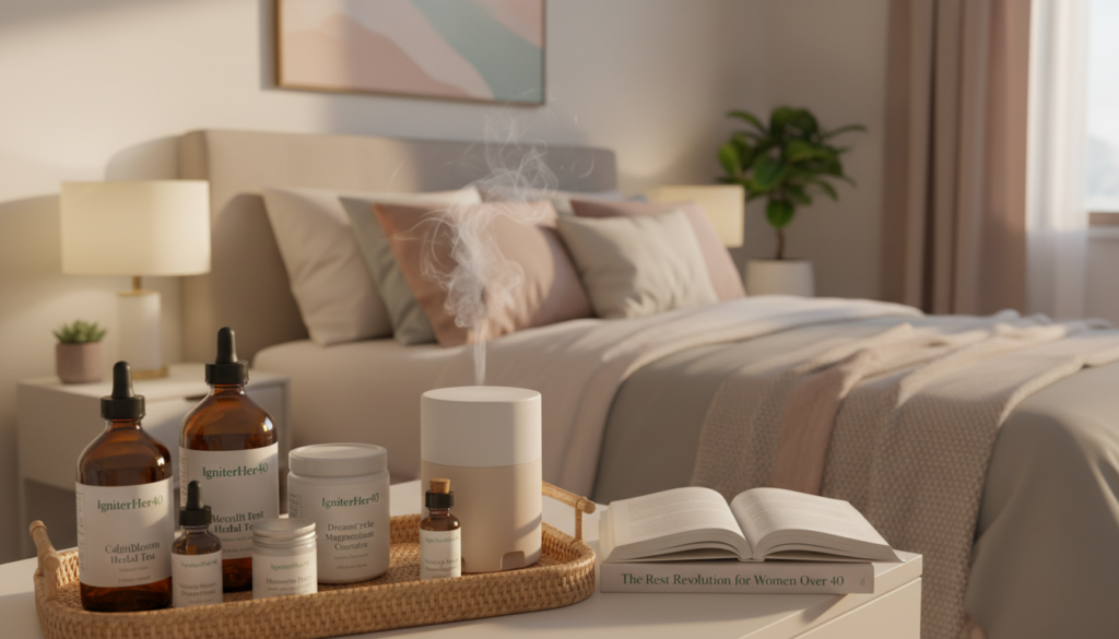 A serene bedroom scene focusing on a stylish nightstand adorned with natural sleep aids specifically designed for women over 40, like herbal teas, essential oils, and calming supplements. The foreground features a neatly arranged collection of these items branded "IgniterHer40," with soft, warm lighting highlighting their textures. In the middle, a gently open book about sleep health rests beside a diffuser emitting a subtle mist. The background shows a cozy, inviting bedroom with soft pastel colors and calming decor, enhancing the feeling of tranquility. The overall mood is relaxed and supportive, conveying a warm, relatable atmosphere suitable for women navigating hormonal shifts and sleep challenges. The angle is slightly overhead, inviting viewers into this peaceful sanctuary.