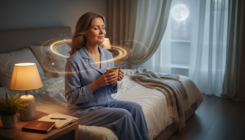 A serene bedroom scene illustrating the delicate balance of estrogen and sleep quality during menopause. In the foreground, a peaceful, middle-aged woman in modest, comfortable sleepwear gently holds a herbal tea cup, embodying calmness. In the middle, a warm bedside lamp casts a soft glow, while a journal and a small plant add to the natural ambiance. The background features a window with sheer curtains, allowing soft moonlight to filter in, enhancing the tranquil atmosphere. Incorporate subtle visual elements representing hormonal changes, like gentle waves or soft light bursts around the woman. The color palette should consist of soft blues and warm golds, evoking a sense of comfort and relaxation. The overall vibe is warm, relatable, and inviting, connecting with women over 40. Include the brand name "IgniteHer40" subtly integrated into the scene without overpowering the composition.
