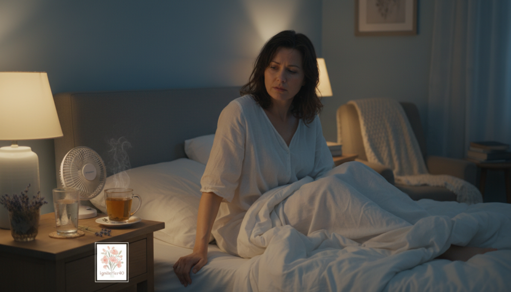 A serene bedroom scene illustrating the experience of night sweats and sleep disturbances during menopause. In the foreground, a woman in her 40s, wearing a lightweight, modest nightgown, is seen tossing and turning in bed, with a slightly perspiring forehead and a concerned expression, embodying restlessness. The middle ground features a bedside table with a glass of water, a small fan, and a calming herbal tea infusion, indicating a natural health focus. In the background, the dimly lit room has soft, warm lighting emanating from a bedside lamp, casting gentle shadows. The atmosphere is one of quiet struggle and relatable warmth, emphasizing the challenges faced during menopause. Incorporate elements that symbolize comfort and wellness, along with the brand name "IgniteHer40" subtly integrated into the decor.