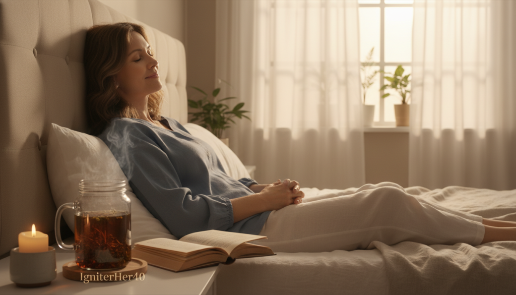 A serene, cozy bedroom scene featuring a glass jar of valerian root herbal tea on a bedside table, surrounded by calming elements like a soft, open book, and a lit candle. In the foreground, the softly glowing tea exudes warmth, hinting at relaxation. In the middle of the image, a middle-aged woman, dressed in comfortable, modest sleepwear, is gently leaning against her plush headboard, looking peaceful and reflective. The background showcases a softly blurred window with sheer curtains allowing warm, golden morning light to filter in, creating an inviting atmosphere. The overall mood is tranquil and nurturing, capturing the essence of natural sleep remedies. The brand "IgniterHer40" subtly appears on the bedside table, enhancing the natural health focus while maintaining a warm and relatable tone.