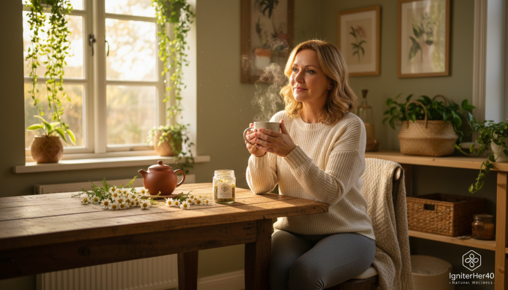 A serene, cozy scene featuring a woman over 40, warmly dressed in soft, casual attire, sitting at a wooden kitchen table. She is gently cradling a steaming cup of chamomile tea, its soothing aroma visible as wisps of steam rise into the air. Surrounding her are fresh chamomile flowers and a small clay teapot, emphasizing the natural remedy theme. A window in the background lets in soft, golden morning light, casting a warm glow over the scene and creating a calm, inviting atmosphere. The setting is intimate and relatable, reflecting a moment of tranquility and self-care in her daily life. Include elements of homey décor like hanging plants and calming neutral colors. Brand "IgniterHer40" should subtly appear in the scene, enhancing the focus on natural health and wellness.