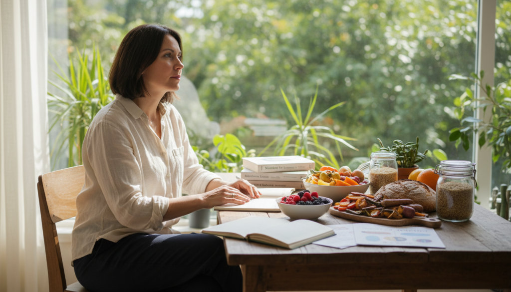 A serene indoor setting with warm, bright natural lighting highlighting a woman in her 40s, sitting at a wooden table surrounded by healthy foods like fruits, vegetables, and whole grains. In the foreground, she appears thoughtful, dressed in comfortable yet professional casual clothing, reflecting on her health choices. In the middle ground, there are open books and notes about nutrition and wellness, symbolizing knowledge and understanding of the body's changes after 40. In the background, soft greenery peeks through a window, suggesting a connection to nature. The atmosphere is calm and introspective, emphasizing the journey of health and wellness rather than temporary dieting. The angle is slightly above eye-level, capturing the woman's expression and the setting harmoniously while avoiding any distractions. The focus is on the theme of sustainable living and biological awareness.