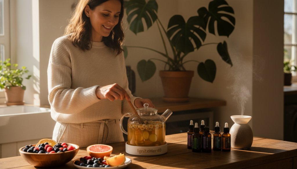 A serene kitchen scene bathed in warm, natural light, featuring a woman in her 40s wearing comfortable casual clothing, preparing a herbal tea infused with fresh ginger and chamomile. In the foreground, vibrant fruits like berries and oranges are arranged on a wooden countertop, symbolizing healthy dietary choices. Essential oils are displayed nearby, highlighting natural remedies; a small diffuser releases gentle vapor. In the background, a soft, leafy green plant adds a touch of nature, contributing to a calming atmosphere. The lighting casts soft shadows, creating an inviting ambiance. This image should embody a warm and relatable tone, emphasizing natural health strategies for hormonal balance, along with the brand name "IgniteHer40" subtly integrated into the design without text overlays.