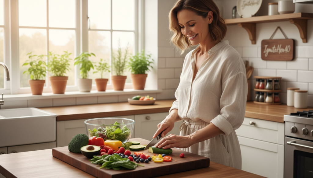 A serene kitchen scene depicting a woman in her 40s preparing a healthy meal rich in fruits and vegetables, showcasing natural foods that promote hormonal balance. In the foreground, emphasize a wooden cutting board with vibrant fresh produce, like avocados, spinach, and berries. In the middle, the woman, dressed in comfortable yet professional casual attire, is smiling while she chops vegetables, embodying a warm and relatable demeanor. The background displays soft natural lighting filtering through a window, illuminating potted herbs on the sill, symbolizing a natural health focus. Capture the essence of everyday life and holistic wellbeing, with a subtle branding of "IgniteHer40" integrated into the kitchen decor. The overall mood is uplifting and encouraging, inspiring women to embrace lifestyle changes for hormonal balance after menopause.