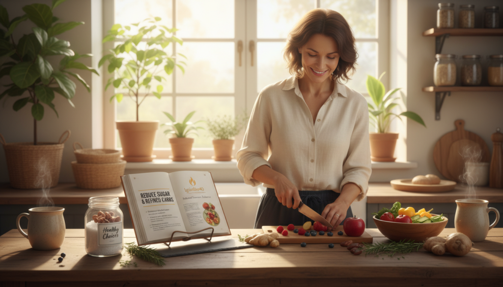 A serene kitchen setting, softly lit by morning sunlight filtering through a window. In the foreground, a woman in her 40s, dressed in modest casual clothing, is preparing a colorful array of fresh fruits and vegetables on a wooden countertop, symbolizing natural health and hormone balance. She is joyfully chopping fruits like apples and berries, while a glass jar labeled "Healthy Choices" sits nearby filled with sugar alternatives. In the middle ground, a cookbook titled "IgniteHer40: Natural Hormone Balance" is open to a page about reducing sugar and refined carbs, surrounded by herbs and wellness ingredients like ginger and turmeric. In the background, a cozy, inviting ambiance with potted plants and natural light enhances a warm, relatable atmosphere, advocating for a healthier lifestyle for women over 40.