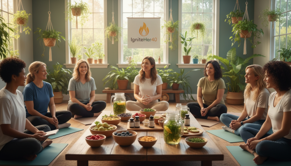 A serene, natural setting depicting a group of diverse women over 40 engaging in a wellness workshop focused on hormone balance post-menopause. In the foreground, a warm and inviting scene features a woman in professional casual attire leading a discussion, surrounded by participants sitting on yoga mats, taking notes. The middle ground shows a table with healthy, organic foods, herbal teas, and supplements, symbolizing natural health remedies. The background features a sunlit room filled with plants and calming colors, creating a sense of tranquility and empowerment. Soft, warm lighting enhances the positive atmosphere, capturing a moment of connection and support among women. The image reflects the essence of "IgniteHer40," emphasizing natural solutions and community in overcoming menopause challenges.