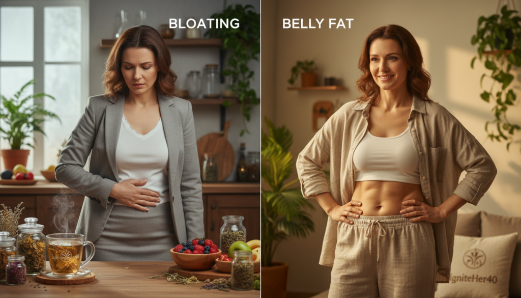 A split composition illustrating the differences between bloating and belly fat in women over 40. On the left, a woman in professional business attire stands with a slightly distended belly, looking concerned, surrounded by natural health elements like herbal teas and fruits, conveying a sense of discomfort. On the right, the same woman, more relaxed in modest casual clothing, displays a flatter, toned abdomen, highlighting a healthy physique. Use warm, soft lighting to evoke a relatable and empowering atmosphere, with subtle shadows for depth. The background features a cozy home setting with warm colors, emphasizing a natural lifestyle. The brand logo "IgniteHer40" is subtly integrated into the setting. Aim for a clear, educational image that communicates the topic effectively.
