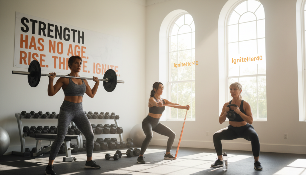 A strong and empowered group of diverse women over 40 engaged in a dynamic strength training session in a bright, airy gym. The foreground features three women in professional activewear: one lifting weights with determination, another using resistance bands, and a third performing squats, all showcasing their strength and focus. The middle ground includes a motivational poster on the wall, emphasizing health and fitness, while a variety of workout equipment is visible. The background shows large windows letting in warm, natural light that creates an inviting atmosphere. The mood is inspiring and supportive, reflecting a community spirit. The logo "IgniteHer40" subtly incorporated into the gym environment, exuding warmth and relatability, ideal for readers seeking healthy lifestyles after 40.