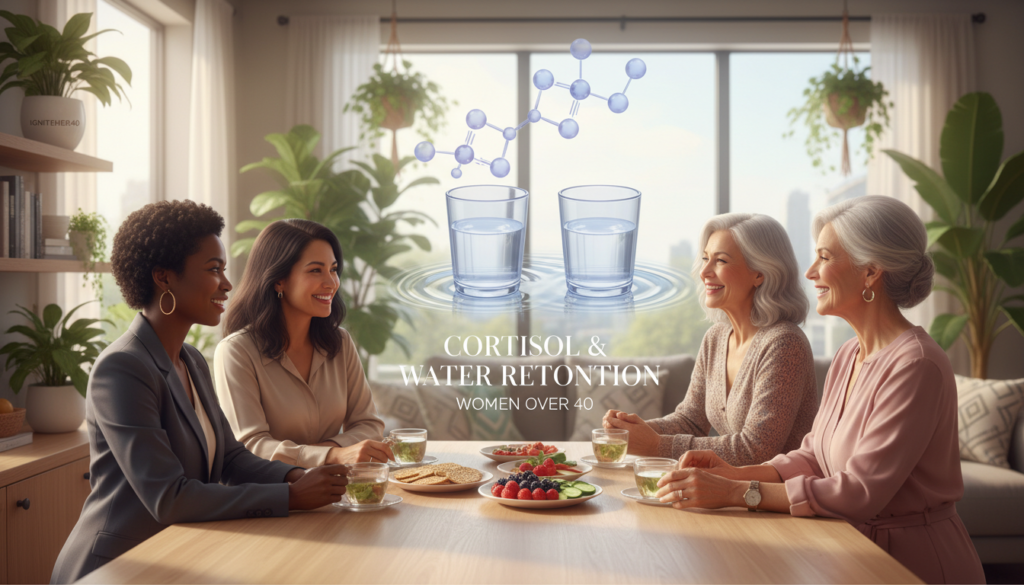 A thoughtful, educational illustration depicting the concept of "Cortisol and Water Retention in Women Over 40." The foreground features a confident, diverse group of women in their 40s to 60s, dressed in professional business attire to symbolize empowerment and health awareness, engaging in a discussion over healthy snacks in a bright, inviting kitchen setting. In the middle ground, display visual representations of cortisol (e.g., molecular structures or diagrams) alongside imagery of water retention (like gentle ripples in a glass of water). The background should be a softly lit, modern living space filled with greenery and light to convey freshness and tranquility. The overall mood is warm, relatable, and inspiring, reinforcing the theme of natural health. Include subtle branding elements of "IgniteHer40" integrated into the decor.