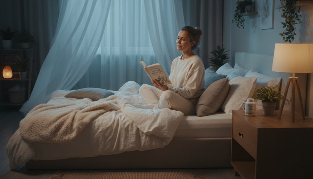 A tranquil bedroom scene featuring a woman over 40, comfortably seated on a plush bed dressed in soft, neutral linens. She is casually reading a book about sleep remedies, with a bottle of magnesium glycinate prominently displayed on her bedside table labeled "IgniterHer40". The room is softly illuminated by warm, ambient lighting, creating a cozy and inviting atmosphere. In the background, a window with sheer curtains allows gentle moonlight to filter in, enhancing the peaceful vibe. Include calming elements like potted plants and a steaming cup of herbal tea on the table, suggesting a self-care ritual. Capture the essence of relaxation and natural health, embodying the warm and relatable tone of women embracing wellness.