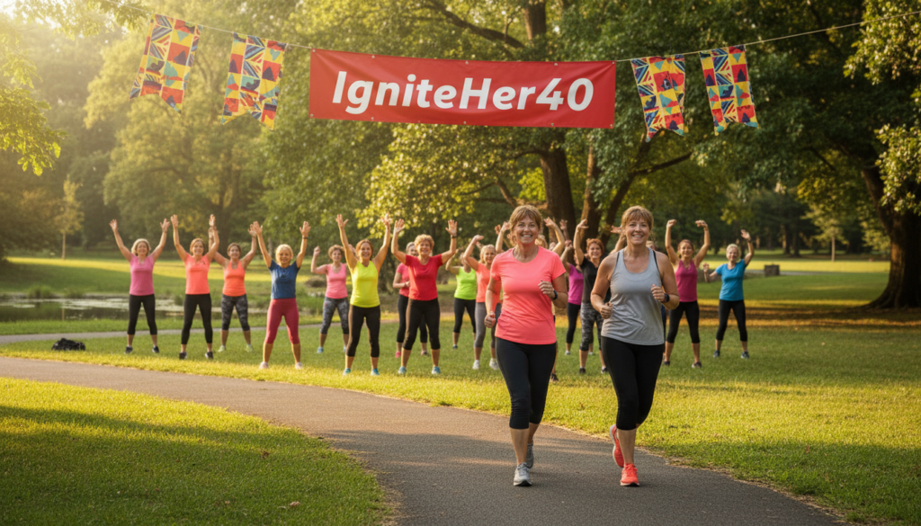 A vibrant outdoor scene featuring women over 40 engaging in various cardiovascular exercises in a beautiful park. In the foreground, two women are jogging together, wearing comfortable athletic attire, showcasing smiles and camaraderie. In the middle, others are seen participating in an energetic Zumba class under colorful banners promoting "IgniteHer40", with stylized movements and joyful expressions. The background captures a sunny landscape with light filtering through green trees, creating a warm, inviting atmosphere. Use soft, natural lighting to highlight their determination and enjoyment. The angle should be slightly elevated, capturing both the participants and the lush surroundings, emphasizing a community spirit and focus on health.
