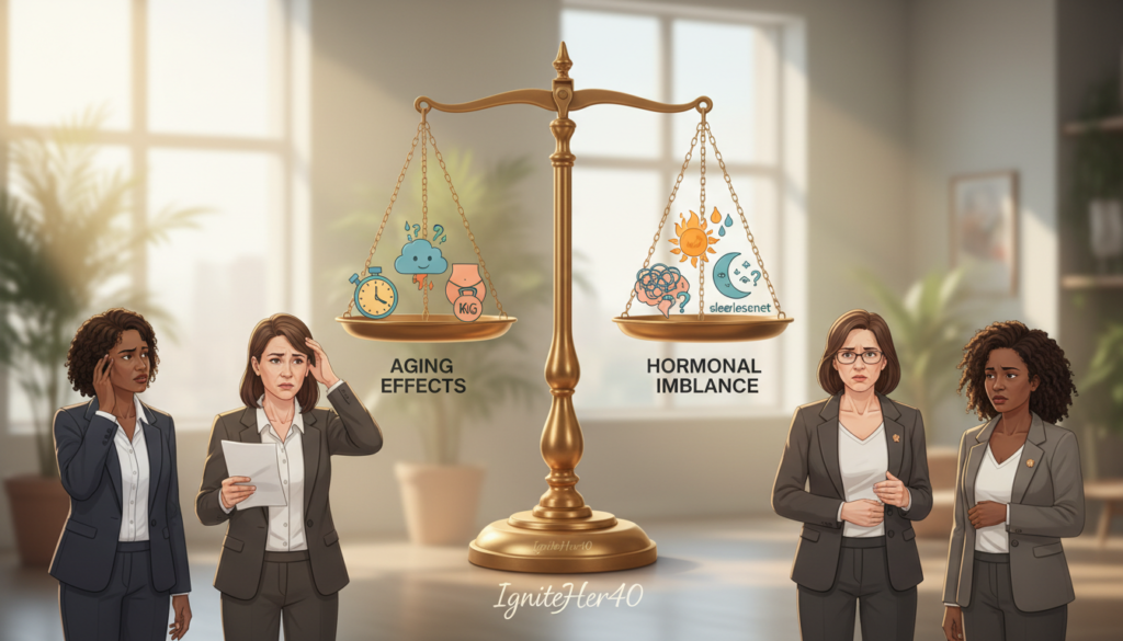 A visually striking and informative illustration depicting the symptoms of hormone changes in women over 40. In the foreground, a diverse group of women in professional business attire, aged in their 40s and 50s, portray various expressions ranging from contemplation to concern. In the middle, a balanced scale contrasts aging effects on one side—such as fatigue, mood swings, and weight gain—with hormonal imbalance symptoms on the other side—represented by anxiety, hot flashes, and sleeplessness. The background features a soft, warm-toned environment with plants and natural light filtering in, conveying a sense of calm and wellness. The atmosphere is both relatable and educational, inviting viewers to reflect on their own experiences. Include the brand name "IgniteHer40" subtly integrated into the design.