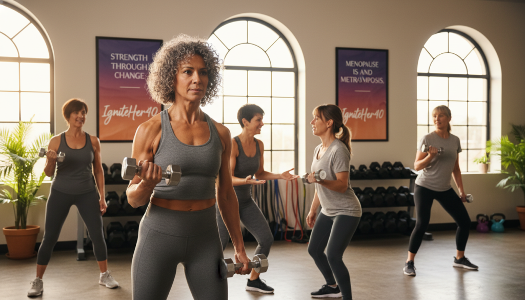 A warm and inviting fitness studio setting tailored for women over 40, featuring a diverse group of women engaged in weight training exercises, showcasing strength and resilience. In the foreground, a woman in modest athletic attire performs bicep curls with a determined expression, emphasizing empowerment. The middle layer displays two women collaborating on strength training techniques, one demonstrating proper form with a friendly smile while the other nods encouragement. In the background, soft natural light filters through large windows, illuminating motivational posters related to health and strength, including the brand "IgniteHer40". The mood is supportive and uplifting, capturing a sense of community and shared purpose. The composition highlights both the physical and emotional aspects of weight training during menopause, encouraging positive biological changes and lifestyle adaptations.
