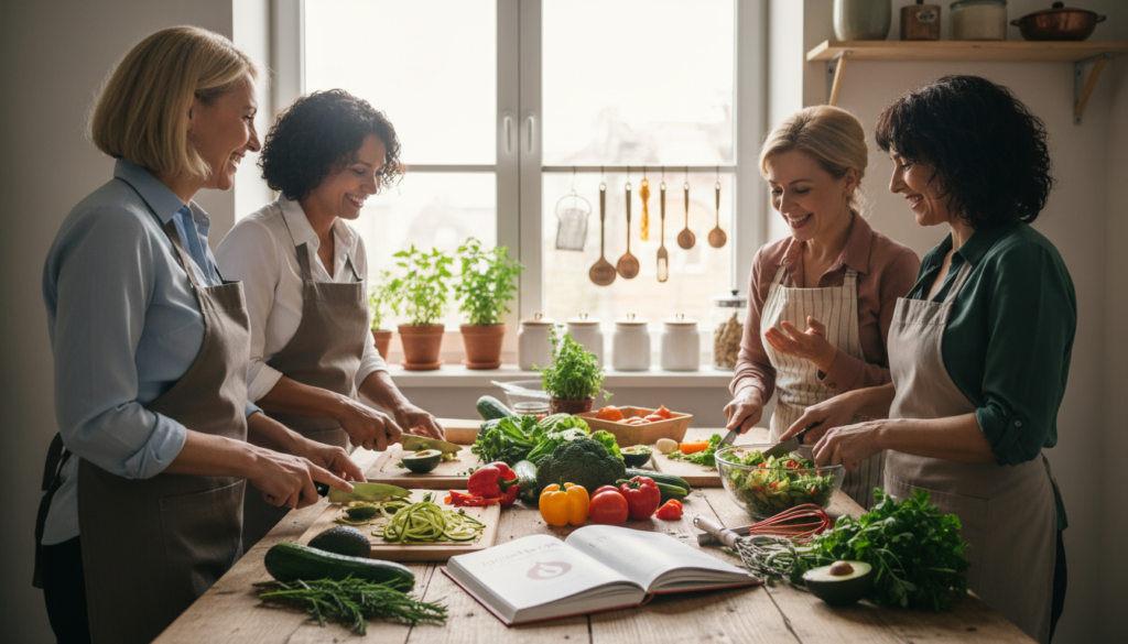 A warm and inviting kitchen scene depicting a diverse group of women over 40, engaged in a lively cooking session focused on a low-carb diet. The foreground features a wooden table scattered with fresh, colorful low-carb vegetables, herbs, and a cookbook titled "IgniteHer40". In the middle, the women, dressed in professional attire, enthusiastically prepare healthy meals, showcasing their camaraderie and empowerment. The background features soft natural lighting streaming in from a window, highlighting a cozy atmosphere filled with potted herbs and kitchen utensils. The mood is uplifting and supportive, embodying the theme of navigating hormone changes and dietary adjustments after 40, emphasizing real-life experiences and relatable scenarios in a health-conscious context.