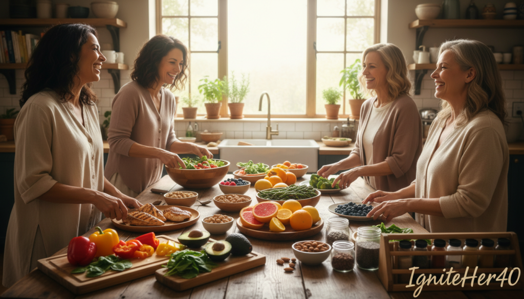 A warm and inviting kitchen scene featuring a diverse group of women over 40, dressed in stylish, modest casual clothing, engaging in a cooking session. They are preparing a colorful spread of low-carb foods that are beneficial for blood sugar regulation. In the foreground, display fresh vegetables like spinach, bell peppers, and avocados, alongside whole foods such as grilled chicken and nuts. The middle area includes a rustic wooden table adorned with vibrant fruits like berries and citrus, emphasizing health and vitality. The background shows soft, natural light streaming through a window, creating a cozy atmosphere. The brand name "IgniteHer40" appears subtly in the corner, reinforcing the focus on empowering women’s health and nutrition. The overall mood is warm, supportive, and encouraging.