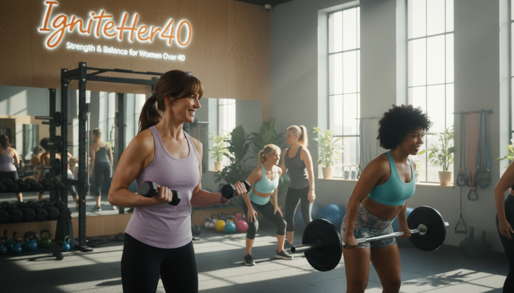 A warm and inviting scene depicting a diverse group of women over 40 engaged in hormone-balancing resistance training. In the foreground, focus on two women lifting weights, one with medium-length brown hair wearing a comfortable tank top and leggings, while the other has curly black hair dressed in a supportive sports bra and shorts. They exude determination and camaraderie. In the middle ground, showcase a certified trainer demonstrating proper form and encouragement. The background features a well-lit gym with large windows allowing natural light to stream in, plants for a touch of nature, and fitness equipment neatly arranged. The atmosphere is energetic yet supportive, conveying a sense of empowerment and community around health and fitness. The brand "IgniteHer40" is subtly incorporated into gym signage, promoting strength training for women facing hormonal changes.