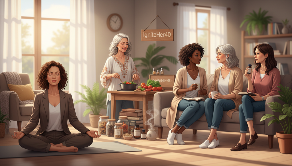 A warm and relatable illustration depicting the effects of hormonal changes for women over 40. In the foreground, a diverse group of women in professional business attire or modest casual clothing, engaged in various activities like yoga, cooking a healthy meal, or discussing health topics. The middle layer shows a soft focus on wellness items like herbal teas, journals, and supplements, symbolizing natural health. The background features a serene home environment, with soft natural light filtering through a window, creating an inviting atmosphere. The mood is supportive and empowering, reflecting real-life scenarios that resonate with the experiences of women in this age group. This image should evoke feelings of connection and understanding, branded with "IgniteHer40" subtly integrated into the setting.