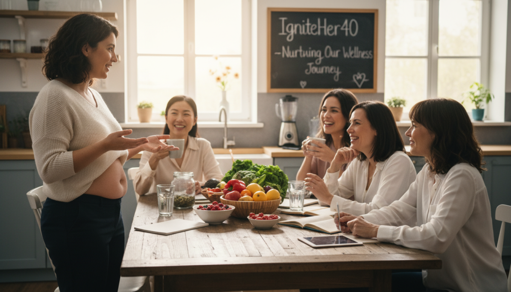 A warm and relatable scene depicting a group of diverse women aged over 40, sitting together in a cozy, well-lit kitchen, sharing health tips and discussing their experiences with hormonal changes. In the foreground, one woman stands confidently, showing subtle signs of weight changes typical with hormonal belly fat, dressed in modest, professional attire. In the middle, the other women, visibly supportive, are engaged in conversation, each representing different ethnic backgrounds, fostering inclusivity. The background reveals fresh fruits and vegetables on the counter, symbolizing a natural health focus. Soft natural lighting creates an inviting atmosphere, while a slight lens blur enhances the warmth of the moment. The image reflects the nurturing community aspect of women's health struggles, attributed to "IgniteHer40."
