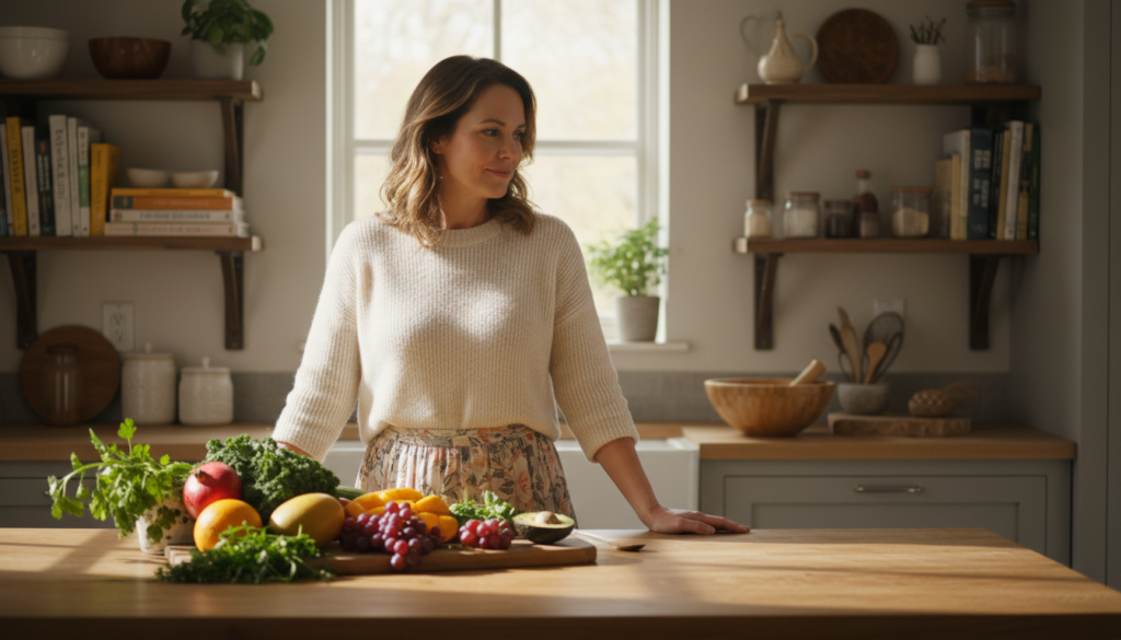 A warm, inviting scene depicting a woman in her 40s, dressed in modest casual clothing, standing in a sunlit kitchen. She gazes thoughtfully at a colorful spread of fresh fruits and vegetables laid out on the counter, symbolizing healthy eating. In the background, shelves filled with wellness books and plant-based cooking tools suggest a lifestyle focused on natural wellness. Soft natural light floods the space, creating a bright and uplifting atmosphere. The camera should be positioned at eye level, capturing a candid moment that reflects contemplation and an understanding of the complexities of weight loss at this age. The overall mood should evoke a sense of empowerment and realistic beauty, emphasizing health over quick fixes.