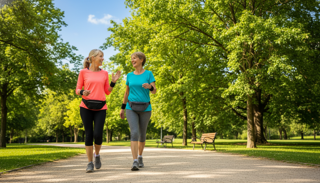 Women over 40 engaging in low-impact exercise, walking outdoors in a vibrant park setting. The foreground features two women in modest, comfortable athletic wear, smiling and chatting as they walk along a sun-dappled path. In the middle ground, diverse trees with lush green leaves provide a refreshing backdrop, while a few small benches invite rest. The background showcases a clear blue sky, hinting at a warm, sunny day. The composition is captured from a slightly low angle, emphasizing the positive energy of the scene. Soft, natural lighting enhances their warm smiles, evoking a relatable and motivational atmosphere. This image embodies the spirit of “IgniteHer40,” celebrating health and vitality in everyday life.