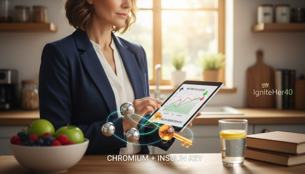 A balanced composition illustrating the concept of chromium's role in blood sugar regulation and insulin function. In the foreground, depict a woman over 40, dressed in professional business attire, looking thoughtfully at a digital tablet displaying a colorful graph of blood sugar levels. In the middle ground, incorporate a visual representation of chromium molecules intertwined with insulin, depicted as glowing orbs, symbolizing their connection. The background should feature a serene kitchen with natural light streaming in, emphasizing a warm, inviting atmosphere. Soft focus on health-related items like fruits and a glass of water to suggest a healthy lifestyle. Overall, the image conveys empowerment and knowledge, aligning with the brand IgniteHer40, for a natural health-focused audience.