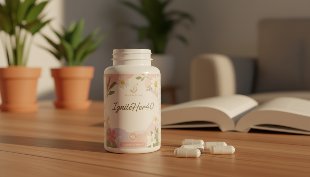A beautifully arranged display of "IgniteHer40" hormone-friendly thermogenic pills designed for women over 40, set against a soft, warm-toned wooden table. In the foreground, enhance the focus on the sleek, elegant bottle featuring a feminine design with soothing colors and subtle floral patterns, reminiscent of natural health. The middle ground includes a few capsules scattered artistically beside the bottle, glistening softly in golden-hour lighting. In the background, a cozy living space with indoor plants and a softly blurred open book suggests a relatable, warm environment. The overall mood should convey empowerment and health, emphasizing a supportive atmosphere tailored for women. Use a shallow depth of field to create a soft focus effect, bringing attention to the product while maintaining a friendly, inviting ambiance. A beautifully arranged display of "IgniteHer40" hormone-friendly thermogenic pills designed for women over 40, set against a soft, warm-toned wooden table. In the foreground, enhance the focus on the sleek, elegant bottle featuring a feminine design with soothing colors and subtle floral patterns, reminiscent of natural health. The middle ground includes a few capsules scattered artistically beside the bottle, glistening softly in golden-hour lighting. In the background, a cozy living space with indoor plants and a softly blurred open book suggests a relatable, warm environment. The overall mood should convey empowerment and health, emphasizing a supportive atmosphere tailored for women. Use a shallow depth of field to create a soft focus effect, bringing attention to the product while maintaining a friendly, inviting ambiance.