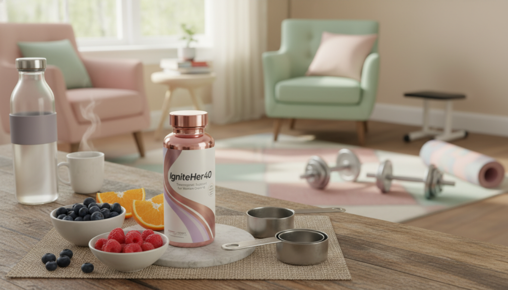 A beautifully arranged display of "IgniteHer40" thermogenic supplements tailored for women over 40, set on a rustic wooden table. In the foreground, a sleek bottle of the supplement, featuring a modern, feminine design, captures attention. Surrounding the bottle are fresh fruits like berries and oranges, symbolizing natural health, along with measuring cups and a stylish water bottle to emphasize a balanced lifestyle. In the middle ground, a cozy living room with natural light streaming through a window exudes warmth and relatability. Soft, inviting hues of pastels create a motivational and friendly atmosphere. In the background, subtle hints of fitness equipment like dumbbells and a yoga mat are visible, reinforcing the theme of wellness and empowerment. The scene evokes a sense of community and determination for women reclaiming their health.