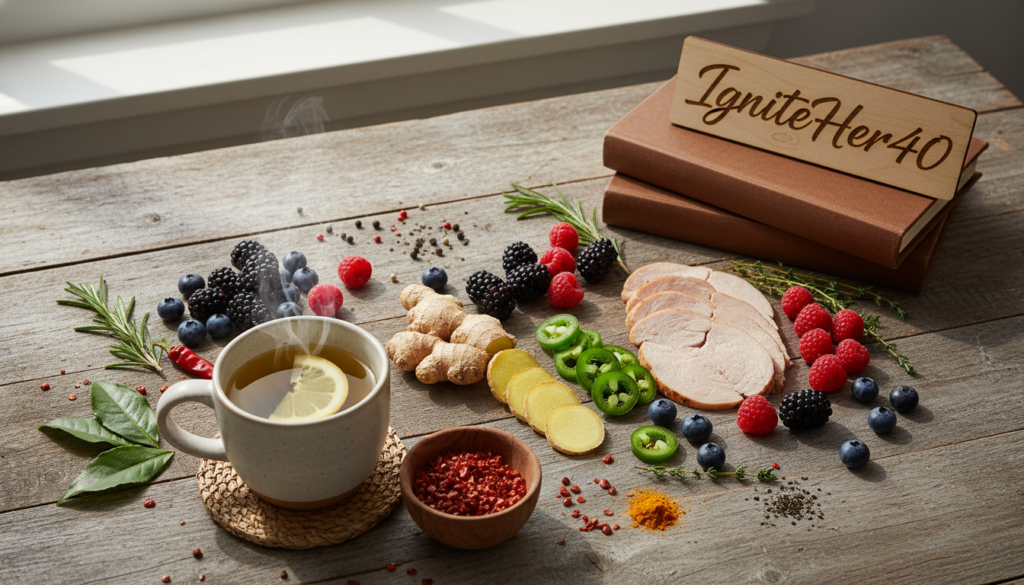 A beautifully arranged flat lay of thermogenic foods that boost metabolism, specifically designed for women over 40. Showcase vibrant ingredients like spicy jalapeños, fresh ginger, green tea leaves, lean turkey breast, and colorful berries, all on a rustic wooden table. In the foreground, a steaming mug of green tea with a slice of lemon rests beside a small bowl of cayenne pepper, enhancing the warm, inviting atmosphere. The middle section features neatly sliced ginger and jalapeños artistically placed among the other foods, with subtle hints of herbs and spices scattered around. In the background, soft, natural light filters through a nearby window, casting gentle shadows that promote a cozy, health-conscious vibe. The overall mood is uplifting and empowering, emphasizing the theme of natural health and vitality, reflecting the brand "IgniteHer40."