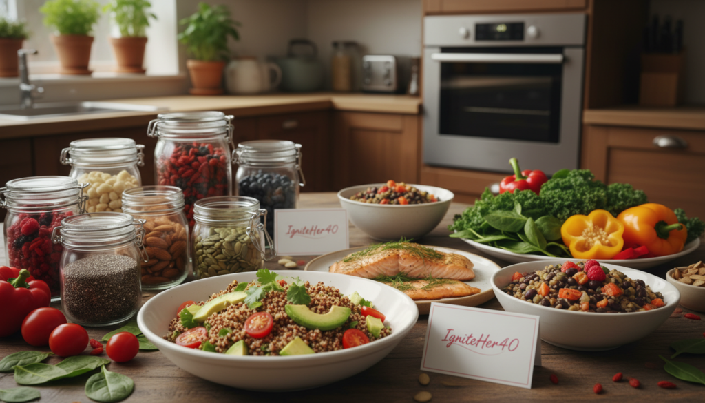 A beautifully arranged spread of thyroid-friendly foods focused on weight loss, featuring colorful fresh vegetables like spinach, kale, and bell peppers, alongside lean proteins such as grilled salmon and legumes. In the foreground, a vibrant quinoa salad with cherry tomatoes and avocado glistens under soft, natural lighting. The middle ground showcases a wooden table with containers of nuts, seeds, and berries, creating an inviting and healthy atmosphere. In the background, a softly blurred kitchen setting evokes warmth and home-cooked meals. The scene conveys a sense of health and vitality, appealing to women over 40. Emphasize a relatable, natural aesthetic, with subtle branding of "IgniteHer40" incorporated into the table setting, enhancing the message of supportive foods for weight loss.