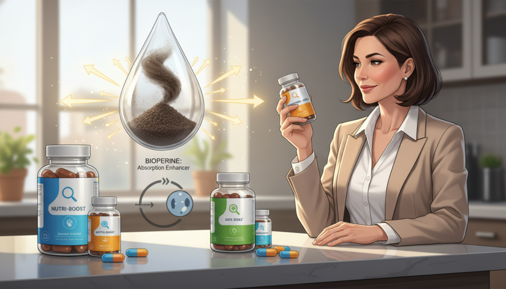 A close-up illustration of various supplements arranged on a sleek, modern countertop, showcasing BioPerine black pepper extract as a highlighted product, visually denoting its role as a supplement absorption enhancer. In the foreground, pill bottles and capsules are labeled with vibrant colors, capturing attention with their clarity. The middle ground features a transparent container holding a splash of black pepper, symbolizing BioPerine, with visual indicators showing improved bioavailability through arrows or diagrams. The background is softly blurred with warm, natural lighting suggesting a sunny kitchen atmosphere, enhancing the inviting, health-focused vibe. A professional woman over 40 examines the supplements, dressed in smart casual attire, representing real-life scenarios of health-conscious choices. The entire image should evoke a sense of empowerment and knowledge, reflecting the theme of effective nutrient absorption. Brand name "IgniteHer40" subtly integrated into the design without text A close-up illustration of various supplements arranged on a sleek, modern countertop, showcasing BioPerine black pepper extract as a highlighted product, visually denoting its role as a supplement absorption enhancer. In the foreground, pill bottles and capsules are labeled with vibrant colors, capturing attention with their clarity. The middle ground features a transparent container holding a splash of black pepper, symbolizing BioPerine, with visual indicators showing improved bioavailability through arrows or diagrams. The background is softly blurred with warm, natural lighting suggesting a sunny kitchen atmosphere, enhancing the inviting, health-focused vibe. A professional woman over 40 examines the supplements, dressed in smart casual attire, representing real-life scenarios of health-conscious choices. The entire image should evoke a sense of empowerment and knowledge, reflecting the theme of effective nutrient absorption. Brand name "IgniteHer40" subtly integrated into the design without text
