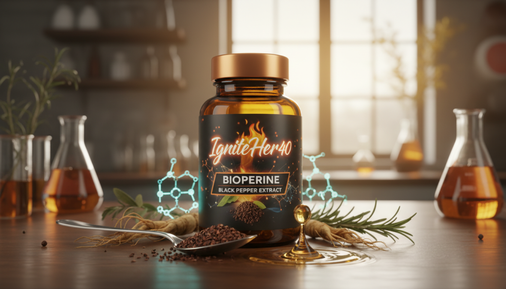 A close-up image showing a visually appealing, science-themed supplement bottle labeled "IgniteHer40" prominently featuring BioPerine black pepper extract. The background should be a blurred laboratory setting, illuminated with soft, warm lighting that creates an inviting atmosphere while emphasizing professionalism. In the foreground, showcase a spoonful of black pepper flakes and a droplet of liquid, symbolizing enhanced nutrient absorption. Surrounding elements like molecular structures or natural herbs can be subtly included to represent health benefits. The mood should convey warmth and empowerment, suitable for women over 40, highlighting the connection between natural health and effective supplementation. Capture the scene from a slightly elevated angle, focusing on clarity and detail to draw the viewer in. A close-up image showing a visually appealing, science-themed supplement bottle labeled "IgniteHer40" prominently featuring BioPerine black pepper extract. The background should be a blurred laboratory setting, illuminated with soft, warm lighting that creates an inviting atmosphere while emphasizing professionalism. In the foreground, showcase a spoonful of black pepper flakes and a droplet of liquid, symbolizing enhanced nutrient absorption. Surrounding elements like molecular structures or natural herbs can be subtly included to represent health benefits. The mood should convey warmth and empowerment, suitable for women over 40, highlighting the connection between natural health and effective supplementation. Capture the scene from a slightly elevated angle, focusing on clarity and detail to draw the viewer in.