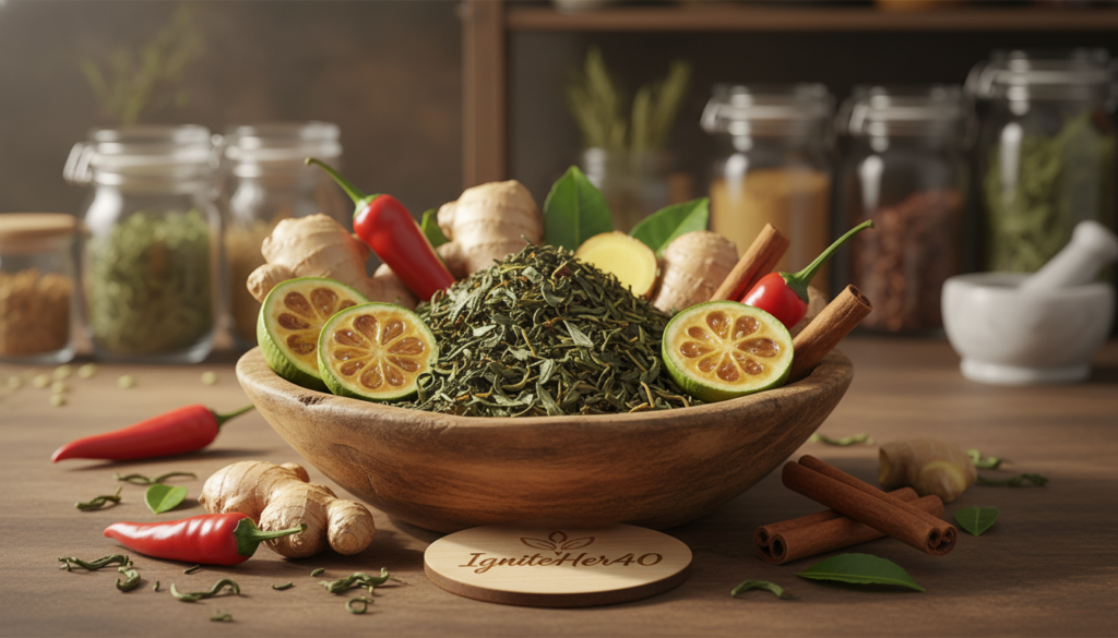 A close-up view of a vibrant and colorful display of natural thermogenic ingredients, focusing on five key components: green tea leaves, cayenne pepper, ginger root, cinnamon sticks, and Garcinia Cambogia fruit. In the foreground, a rustic wooden bowl filled with these ingredients highlights their textures and colors. The middle ground features soft natural lighting that emphasizes the freshness of the ingredients, casting gentle shadows. The background is a blurred kitchen setting with herbs and spices, creating a warm, inviting atmosphere. Add subtle branding elements associated with "IgniteHer40", enhancing the natural health focus. The mood is uplifting and relatable, encouraging a sense of empowerment for women over 40 exploring health supplements. A close-up view of a vibrant and colorful display of natural thermogenic ingredients, focusing on five key components: green tea leaves, cayenne pepper, ginger root, cinnamon sticks, and Garcinia Cambogia fruit. In the foreground, a rustic wooden bowl filled with these ingredients highlights their textures and colors. The middle ground features soft natural lighting that emphasizes the freshness of the ingredients, casting gentle shadows. The background is a blurred kitchen setting with herbs and spices, creating a warm, inviting atmosphere. Add subtle branding elements associated with "IgniteHer40", enhancing the natural health focus. The mood is uplifting and relatable, encouraging a sense of empowerment for women over 40 exploring health supplements.