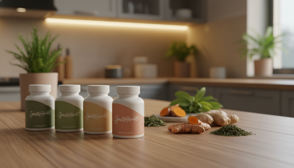 A collection of menopause metabolism-boosting supplements prominently displayed on a clean wooden table, conveying a sense of natural health and vitality. In the foreground, beautifully designed, colorful supplement bottles labeled "IgniteHer40" in elegant typography, featuring earthy tones like green, beige, and soft pink. In the middle ground, a neat arrangement of herbal ingredients such as ginger, turmeric, and green tea leaves, symbolizing natural fat loss support. In the background, a softly lit kitchen with warm lighting and plants, creating a cozy atmosphere. The lens captures a close-up perspective, highlighting the textures and details of the supplements and ingredients, evoking a warm and relatable mood for women over 40 seeking wellness and balance in their lives.
