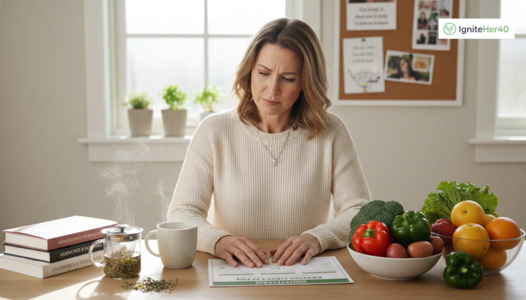 A concerned woman over 40 sits at a kitchen table, looking thoughtfully at a healthy meal prep plan, surrounded by fresh vegetables and fruits. The foreground features her elegant, casual attire, emphasizing a warm and relatable demeanor. In the middle, a well-organized workspace with notebooks and herbal teas illustrates her journey to understand intermittent fasting's potential risks and hormonal effects. The background includes soft, natural lighting filtering through a window, creating a serene atmosphere that invites introspection. A subtle hint of inspirational materials related to health and wellness can be seen, reflecting the brand "IgniteHer40". The scene conveys a sense of empowerment and caution, urging women to consider their well-being thoughtfully.