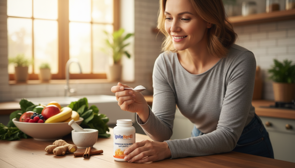 A cozy kitchen scene featuring a woman over 40, dressed in modest casual clothing, examining a bottle of chromium picolinate supplements on the kitchen counter. In the foreground, the supplements are clearly labeled with the brand "IgniteHer40." In the middle ground, the woman, with a warm and relatable expression, holds a measuring spoon, measuring out the supplement. The background showcases a well-lit kitchen with healthy food ingredients like fruits and vegetables, hinting at a natural health lifestyle. Soft, warm lighting creates an inviting atmosphere, evoking feelings of empowerment and health. The angle is slightly above eye-level, providing a clear view of both the woman and the supplements, emphasizing the significance of chromium for insulin sensitivity.