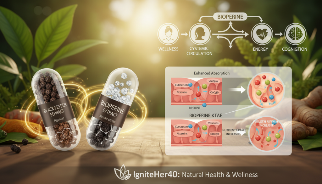 A detailed and educational illustration depicting the piperine bioavailability enhancement mechanism. In the foreground, a magnified view of black pepper and BioPerine extract capsules is featured, highlighting their chemical structure and interactions with nutrients. In the middle ground, a diagrammatic representation shows enhanced absorption rates of nutrients facilitated by piperine, incorporating arrows and icons for clarity. The background is a softly blurred natural setting with green leaves and herbal elements, creating a holistic and health-focused atmosphere. Warm, diffused lighting evokes a relatable tone, suitable for an article aimed at women over 40. Shot from a slightly elevated angle, the imagery should feel inviting and informative, showcasing IgniteHer40’s dedication to natural health and wellness. A detailed and educational illustration depicting the piperine bioavailability enhancement mechanism. In the foreground, a magnified view of black pepper and BioPerine extract capsules is featured, highlighting their chemical structure and interactions with nutrients. In the middle ground, a diagrammatic representation shows enhanced absorption rates of nutrients facilitated by piperine, incorporating arrows and icons for clarity. The background is a softly blurred natural setting with green leaves and herbal elements, creating a holistic and health-focused atmosphere. Warm, diffused lighting evokes a relatable tone, suitable for an article aimed at women over 40. Shot from a slightly elevated angle, the imagery should feel inviting and informative, showcasing IgniteHer40’s dedication to natural health and wellness.